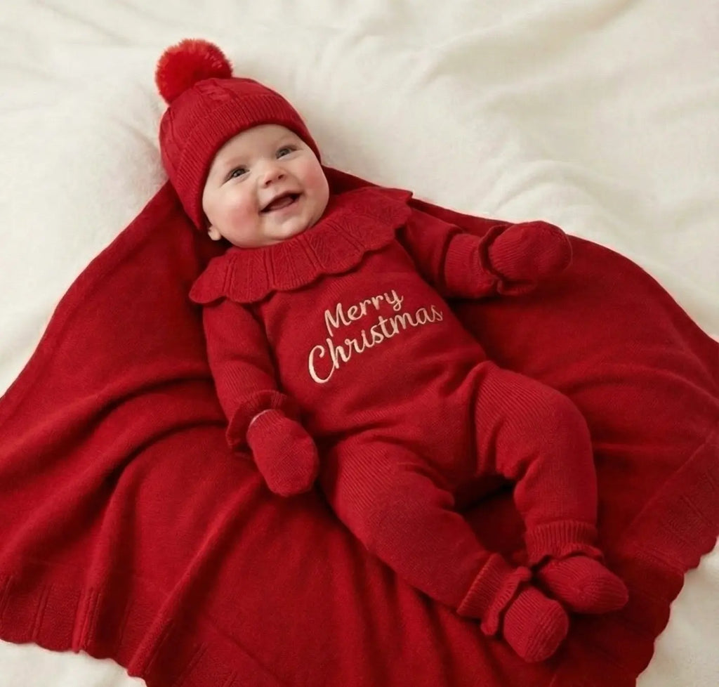 Omnis Pura - KÜLÖNLEGES 5 Részes Karácsonyi Kézzel Kötött Ünnepi Szett - 0-3 hónap