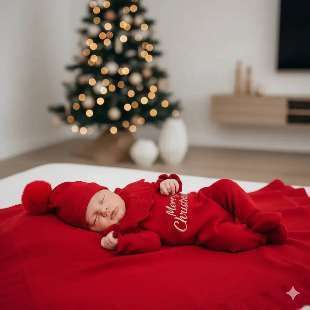 Omnis Pura - KÜLÖNLEGES 5 Részes Karácsonyi Kézzel Kötött Ünnepi Szett - 0-3 hónap