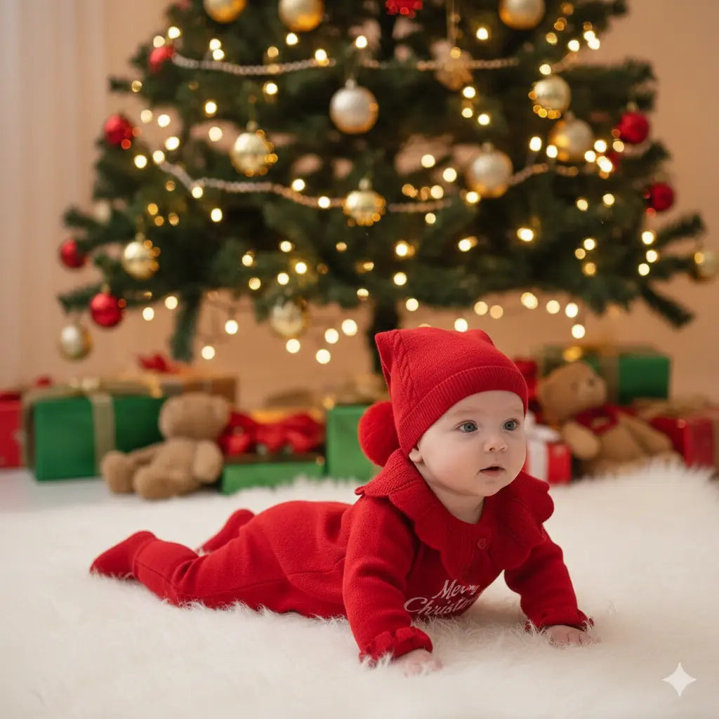 Omnis Pura - KÜLÖNLEGES 5 Részes Karácsonyi Kézzel Kötött Ünnepi Szett - 0-3 hónap